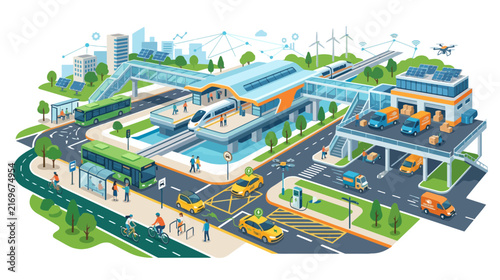 Smart City Transportation Hub: Futuristic Urban Transit, Green Energy, Connectivity