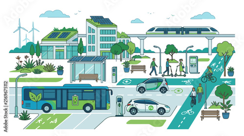 Smart Green City: Eco-Friendly Transport, Sustainable Living, Futuristic Urban.