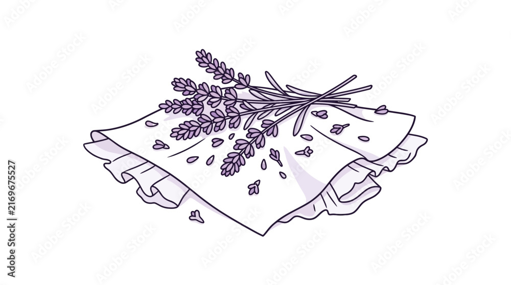 Fototapeta premium Lavender sprigs lying on white ruffled fabric napkin.
