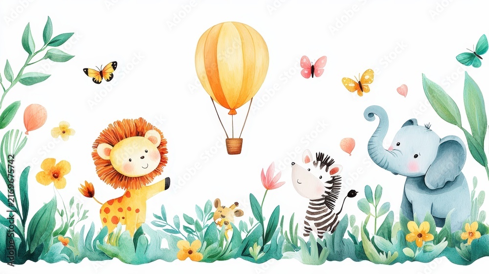 Naklejka premium Cute animals in a whimsical landscape with hot air balloon and colorful butterflies