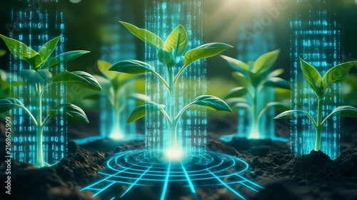 Futuristic digital plants with glowing blue lines and abstract patterns in a dark setting
