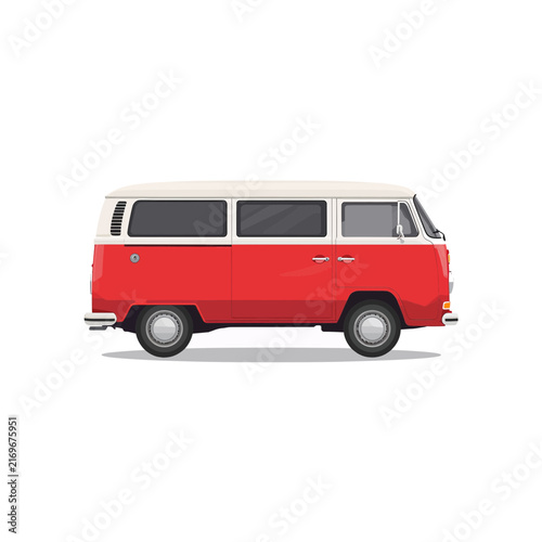 Red and white vintage camper van side view flat vector illustration of a classic retro minibus for travel and tourism concepts isolated on transparent background, Vector