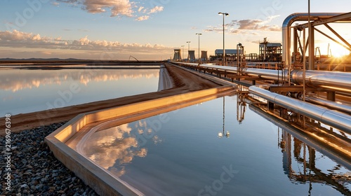 Wide banner composition of a critical minerals processing facility, panoramic industrial view with clean pipelines and evaporation ponds, empty negative space on the left side for text overlay