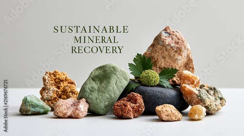 Wide banner photograph of refined mineral samples with elegant text overlay reading 
