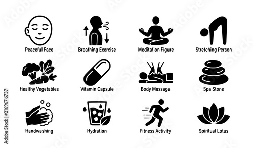 Mental and Physical Wellness Flat Vector Icon Set