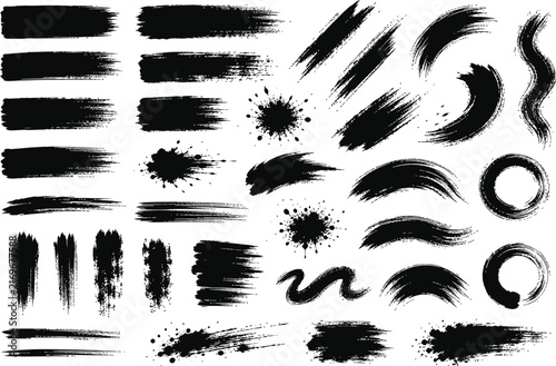Black Paint Brush Strokes Ink Splatters and Circular Banners Set