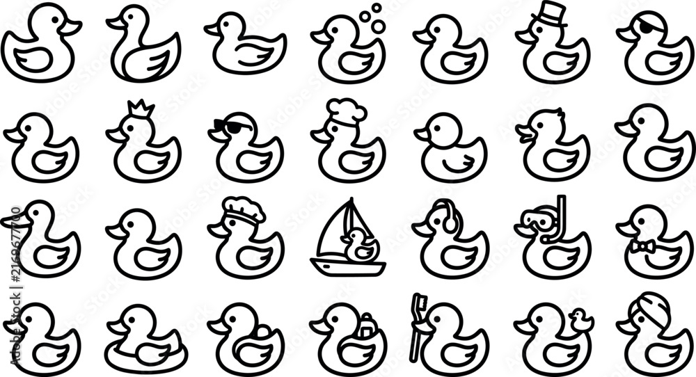 Obraz premium Rubber duck line art icon set featuring yellow bathtub toy puppies characters with hats sunglasses crowns and swimming ducks vector illustrations for bathroom baby shower product branding