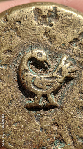 Ancient Akan Ashanti Cast Brass Gold Weight Figurine with Bird Motif and Rustic Weathered Patina