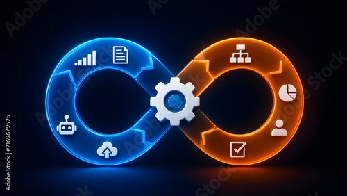 Obraz na płótnie 3D glowing infinity loop symbol with central gear and business workflow icons for continuous integration and automated DevOps process concept.