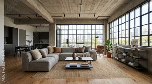 Modern Loft Living Room with Concrete Walls and Large Windows