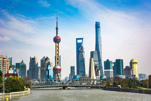 Photography Shanghai Pudong Skyline with Oriental Pearl Tower and Modern Skyscrapers