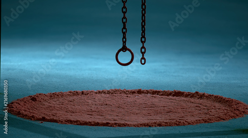 Empty swing chain hangs over a raked circle in dusky sand