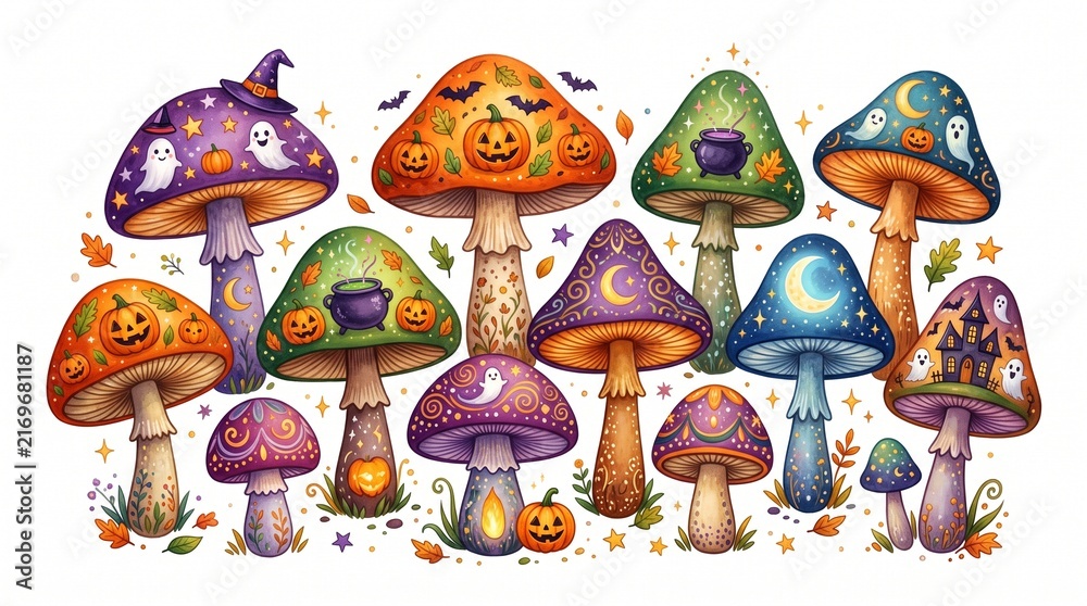 Fototapeta premium Set of colorful decorative halloween mushrooms with pumpkins ghosts and magic patterns for autumn season
