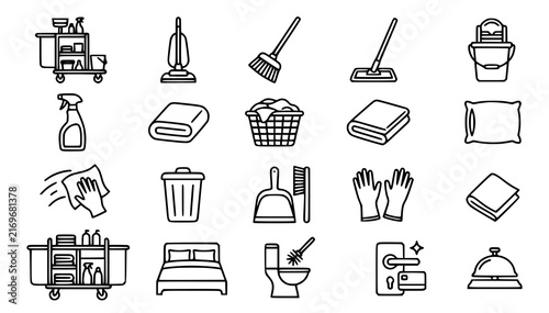 Hotel Housekeeping Cleaning Laundry and Room Service Thin Line Icons