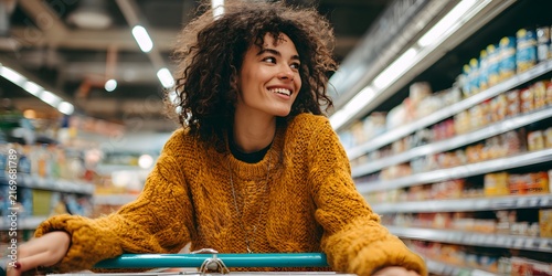 Young woman with curly hair smiling while shopping in a supermarket aisle.