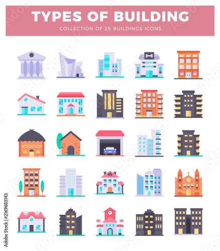 flat building icons in various styles and colors on a white background.