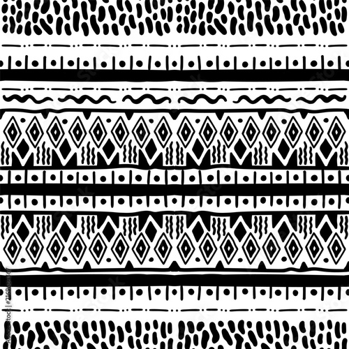 Folk geometric seamless pattern. Tribal motif. Mexican border vector background. Black and white zigzag stripe print 