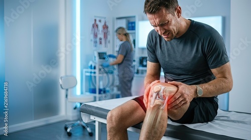 Injured Man Sits on Examination Table Gripping Knee in Clinical Emergency Room