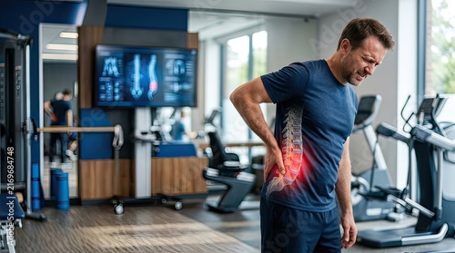 Middle Aged Man in Fitness Center Holds Lower Back Pain