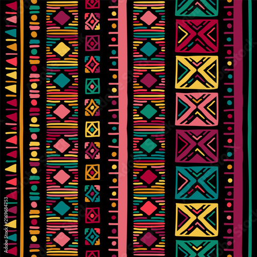 Folk geometric seamless pattern. Tribal motif. Mexican border vector background. Multicolor bright zigzag stripe print