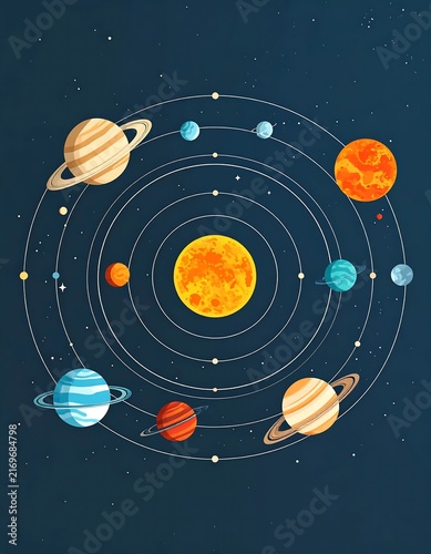 Solar system planets orbiting around glowing sun.