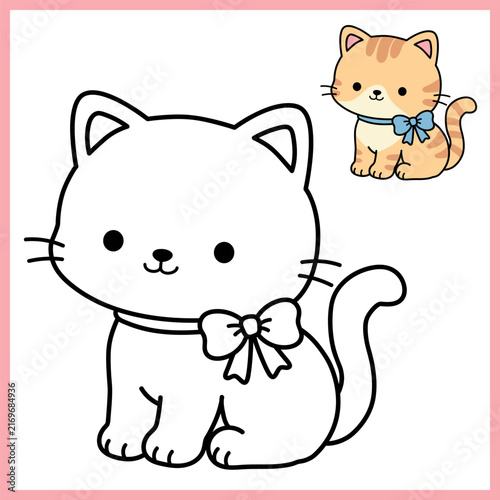 Cute Cat Coloring Page for Kids. Fun Animal Coloring Page, Cute Cat with a Sweet and Friendly Expression and Easy Black and White Line Art with Bold Simple Outlines and Large Coloring Areas. 