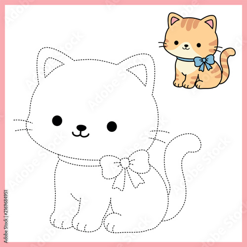 Cute Cat Coloring Page for Kids. Fun Animal Coloring Page, Cute Cat with Easy Black and White Line Art with Bold Simple Outlines and Large Coloring Areas.  Trace and Color Cat.