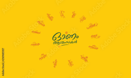 Onam Aghosham Handwriting title, English Meaning Onam Festival Celebration, with Onam related Keywords written in malayalam, useful for poster, social media posts