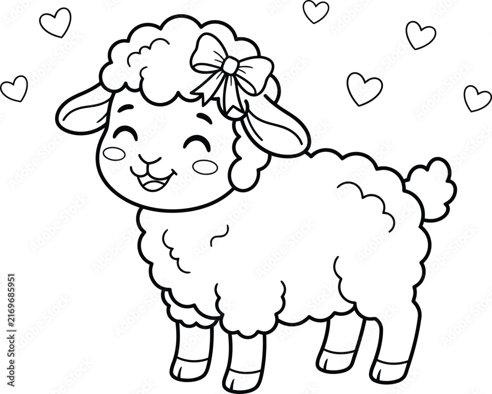 Obraz premium Cute cartoon lamb coloring page for children featuring a happy sheep with a bow and floating hearts