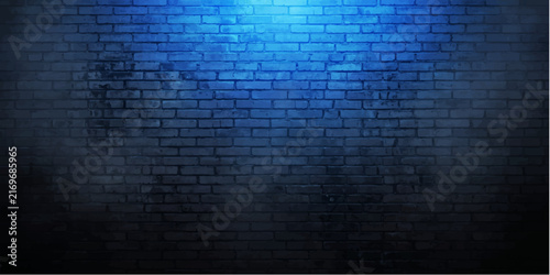 A dark, gritty brick wall illuminated by a moody blue spotlight, with wisps of atmospheric smoke or fog adding an enigmatic ambiance.