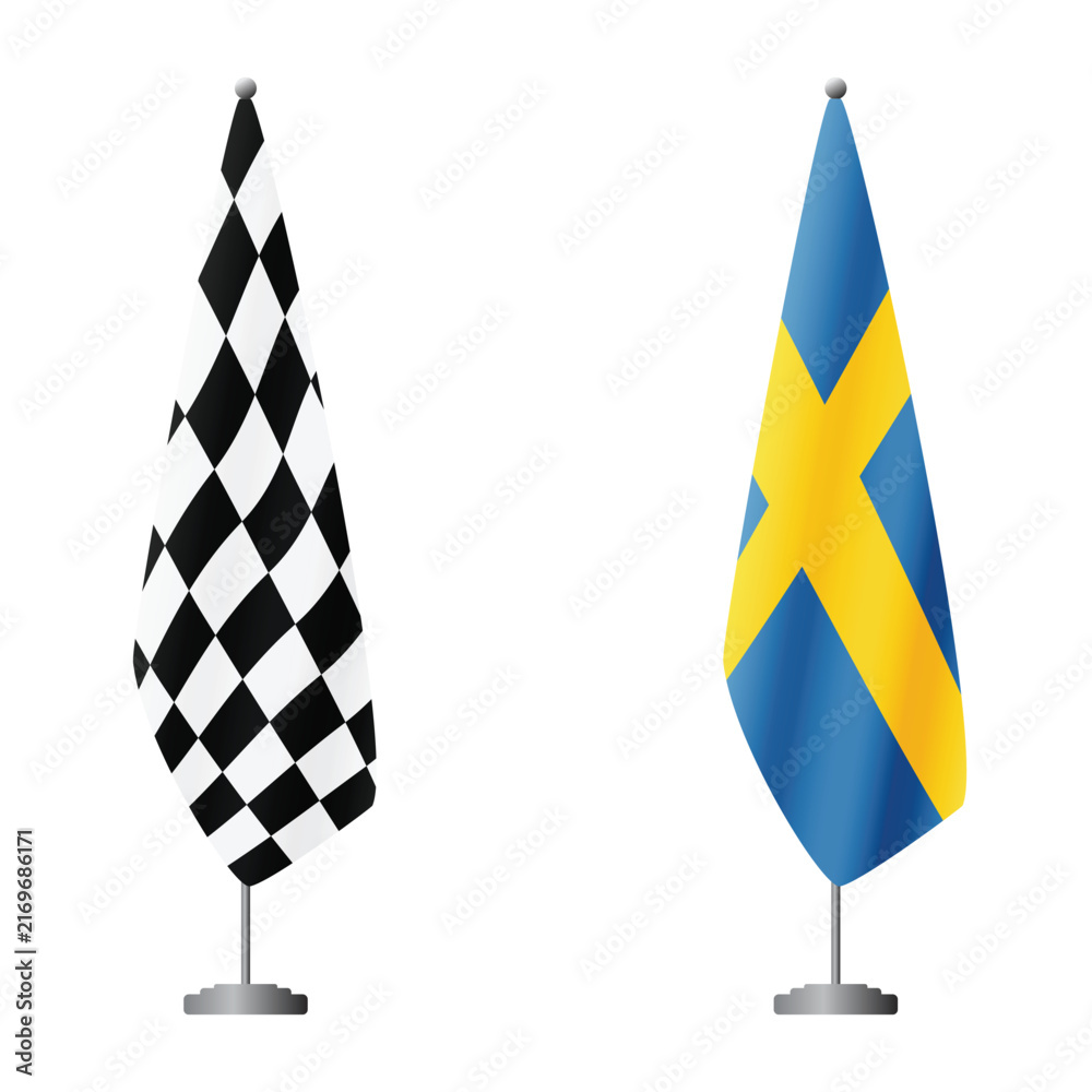 Naklejka premium Checkered and Sweden flags on flagpoles for official ceremonies and meetings, transparent background vector
