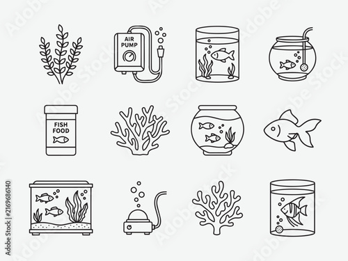 Aquarium Fish Tank and Aquatic Plants Hand Drawn Line Icon Set