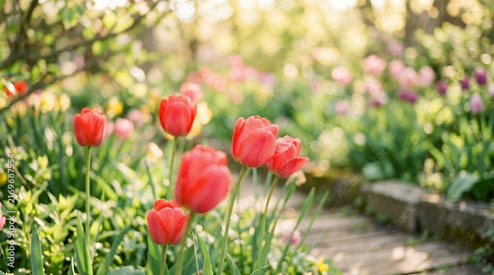 Obraz premium Soft Focus Red Tulips Blooming in Vibrant Spring Garden Light tulips red tulips floral spring bloom selective focus garden flowers nature petals vivid blurred background botanical soft light fresh