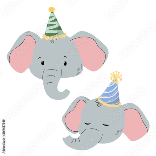 Happy birthday concept elephant vector set. Two adorable cartoon animals. Birthday party funny animal character