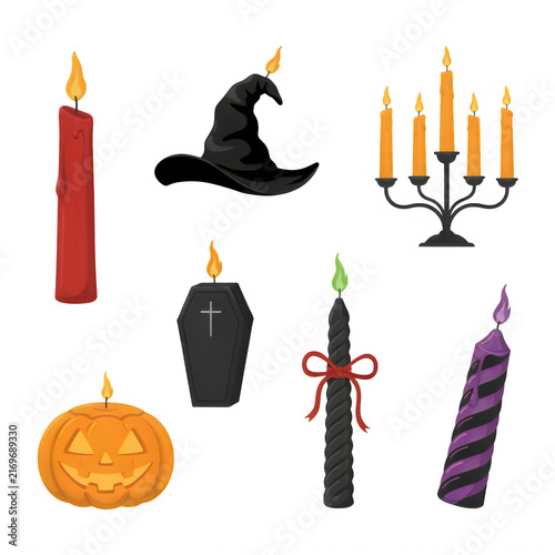 Halloween candles and witch hat illuminated with eerie glow isolated on transparent background