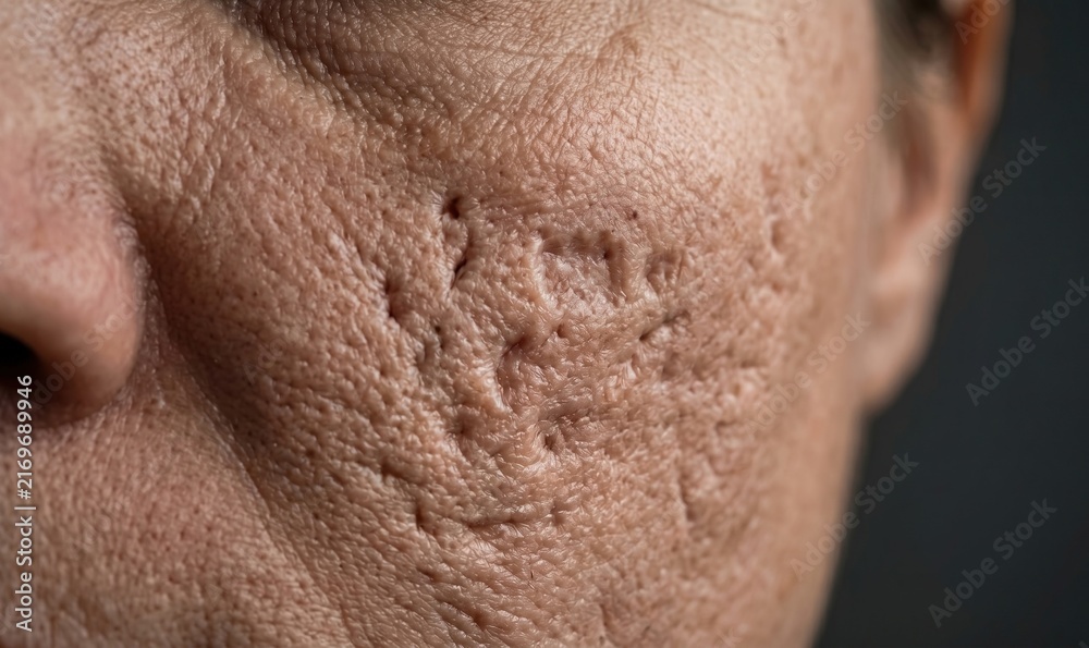 Naklejka premium Extreme macro of severe pitted atrophic acne scars on mature human facial skin.