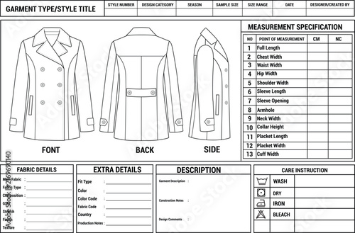 Double Breasted Trench Coat Tech Pack Specification Design Specification Sheet Template