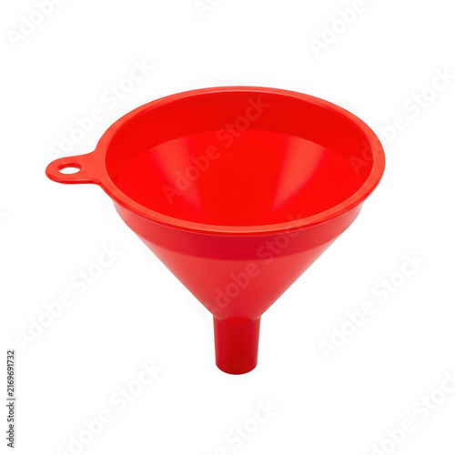 A bright red plastic funnel used for pouring liquids into narrow openings and containers isolated on transparent background , PNG