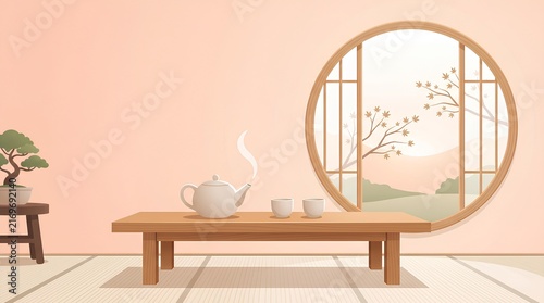 Japanese tea room interior with round window view.