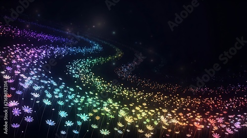 Luminous rainbow flower field at night, glowing neon floral landscape, vibrant fiber optic garden with sparkling light trails