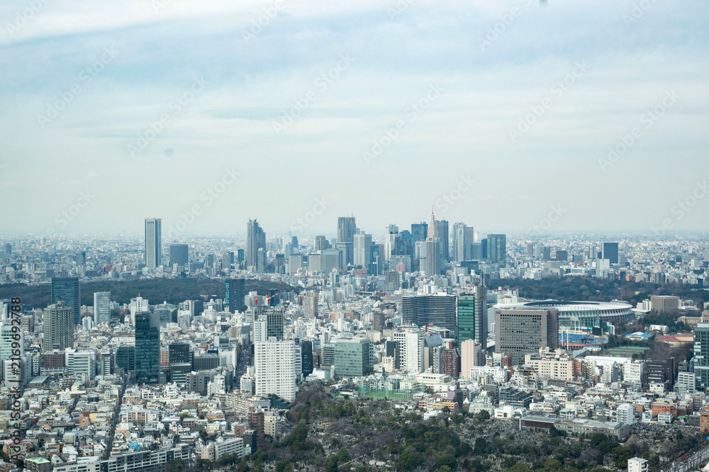 Obraz premium 遠方に新国立競技場や代々木・新宿エリアを捉えた、高所からの東京パノラマビュー
