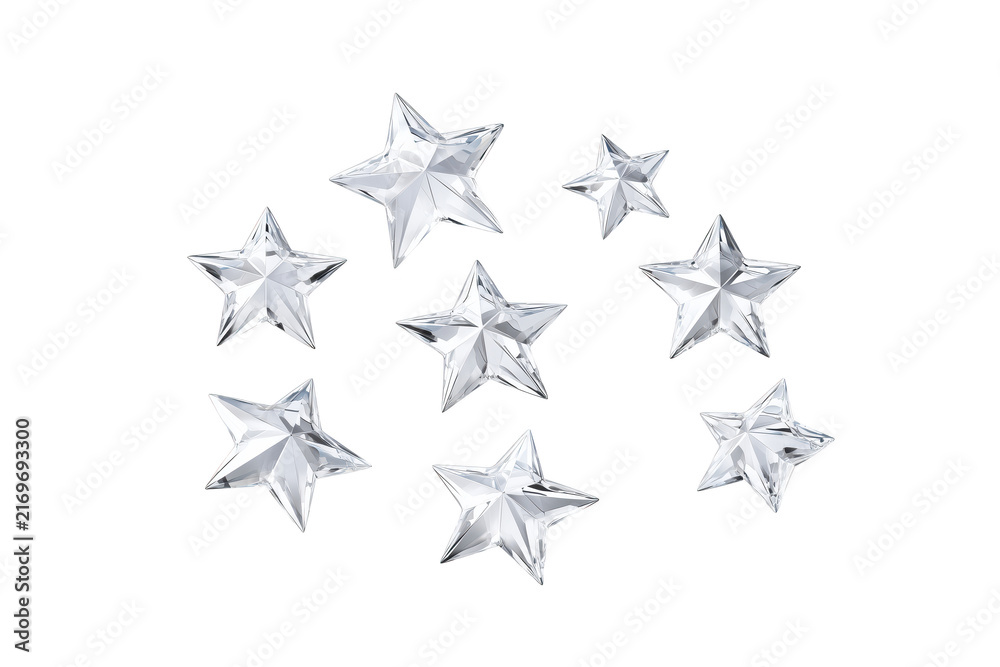 Obraz premium Set of seven realistic metallic star shapes isolated on transparent background for design and branding projects