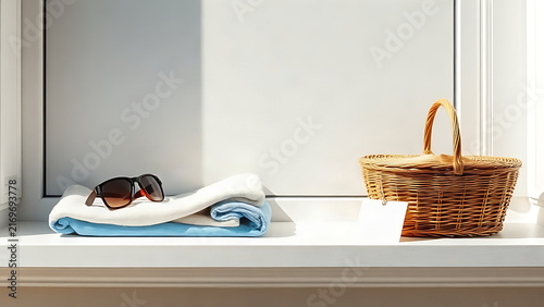 Window ledge with sunglasses, beach towel, picnic basket and sale tags, end of summer retail concept