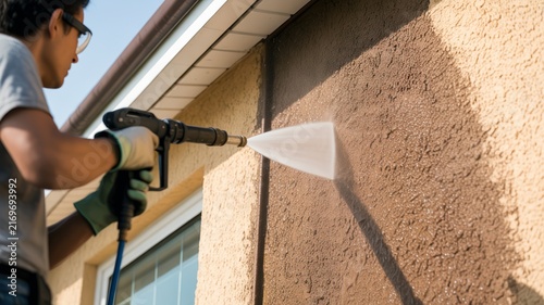 Person using a pressure washer to clean a stucco house wall exterior