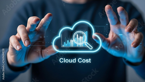 Cloud Cost Management and Cloud Computing Concept with Businessman Using Digital Technology Interface for Data Storage, Financial Planning and Technology Solutions