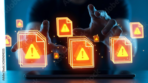 Hands Interacting with Multiple Digital Warning Alerts for Cybersecurity Threats, Data Protection, Network Security, Online Privacy, System Monitoring, Risk Management, and Information Technology