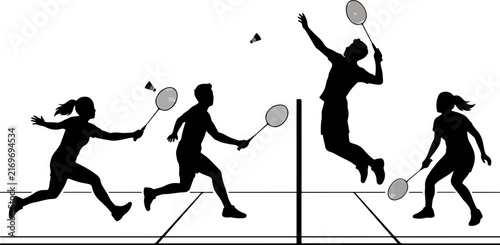 Badminton Players Action Silhouette Vector on Court