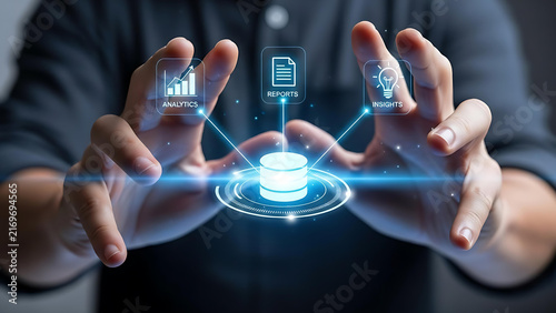 Businessman Interacting with Futuristic Cloud Computing Interface for Digital Data Storage, Database Management, Network Infrastructure, Online Services, Technology Innovation, and Business Solutions