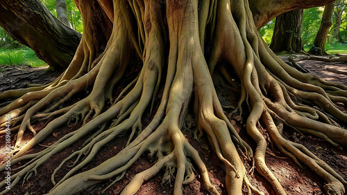 Ancient tree roots intertwined in rich soil, organic textures, dappled forest lighting.