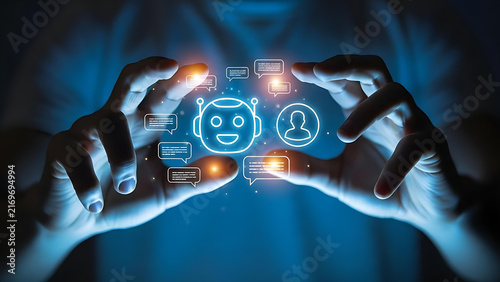 Hands Interacting with Artificial Intelligence Chatbot Interface for Digital Communication, Virtual Assistant, Customer Service, Smart Technology, Automation, and Online Business Solutions